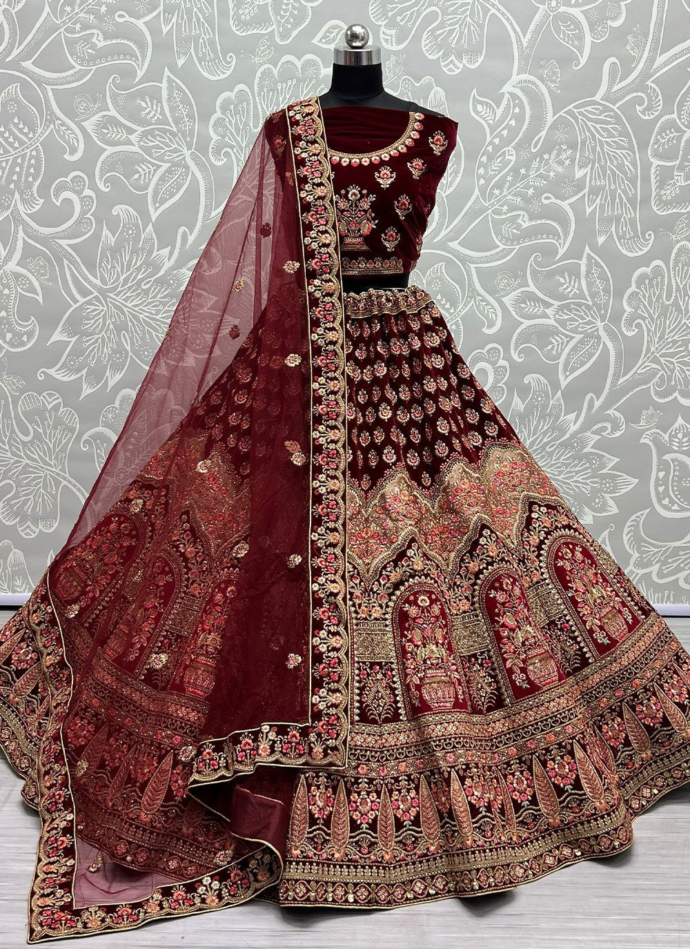 Lehenga Choli Velvet Maroon Diamond Lehenga Choli