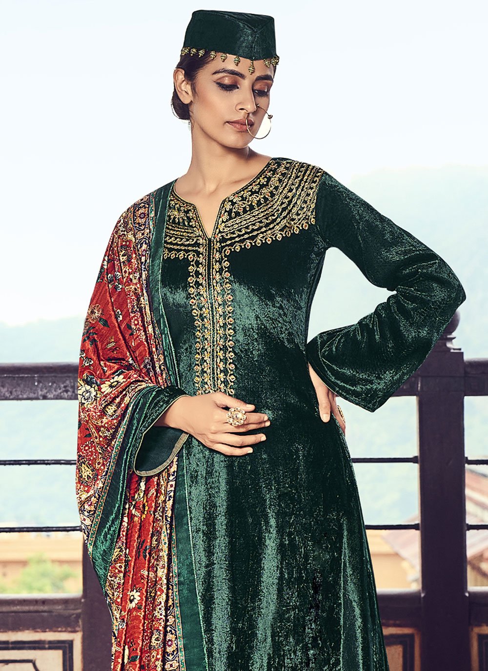 Salwar Suit Velvet Green Embroidered Salwar Kameez