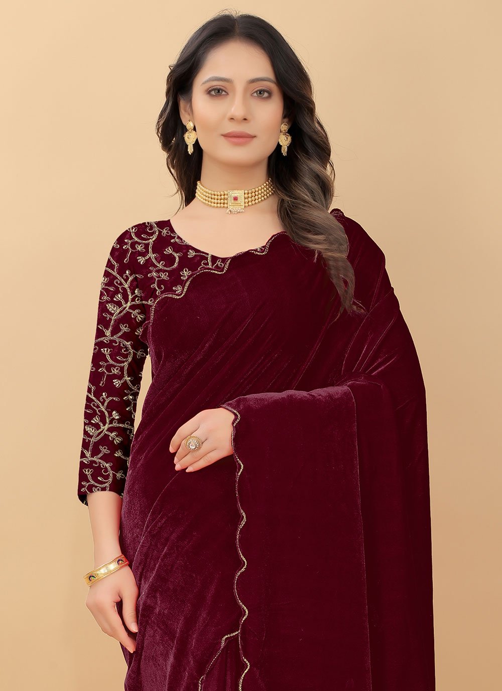 Trendy Saree Velvet Wine Embroidered Saree