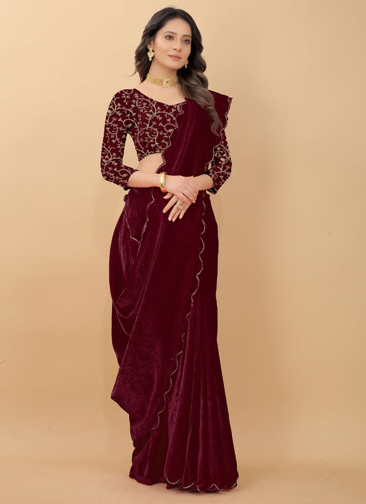 Trendy Saree Velvet Wine Embroidered Saree