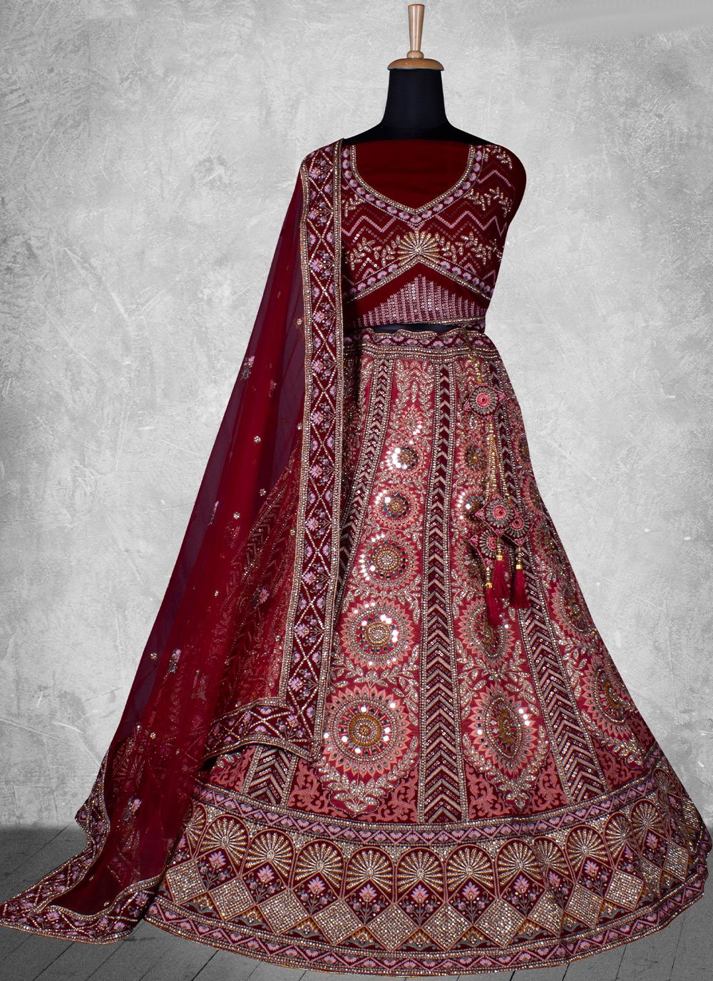 A Line Lehenga Velvet Maroon Embroidered Lehenga Choli