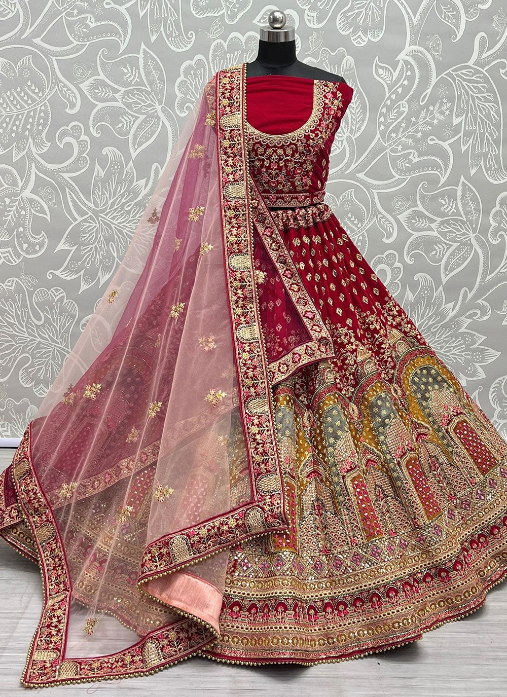 Lehenga Choli Velvet Red Dori Work Lehenga Choli