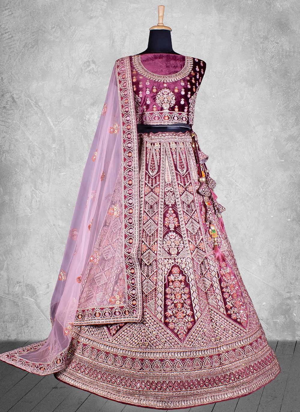 Lehenga Choli Velvet Wine Embroidered Lehenga Choli