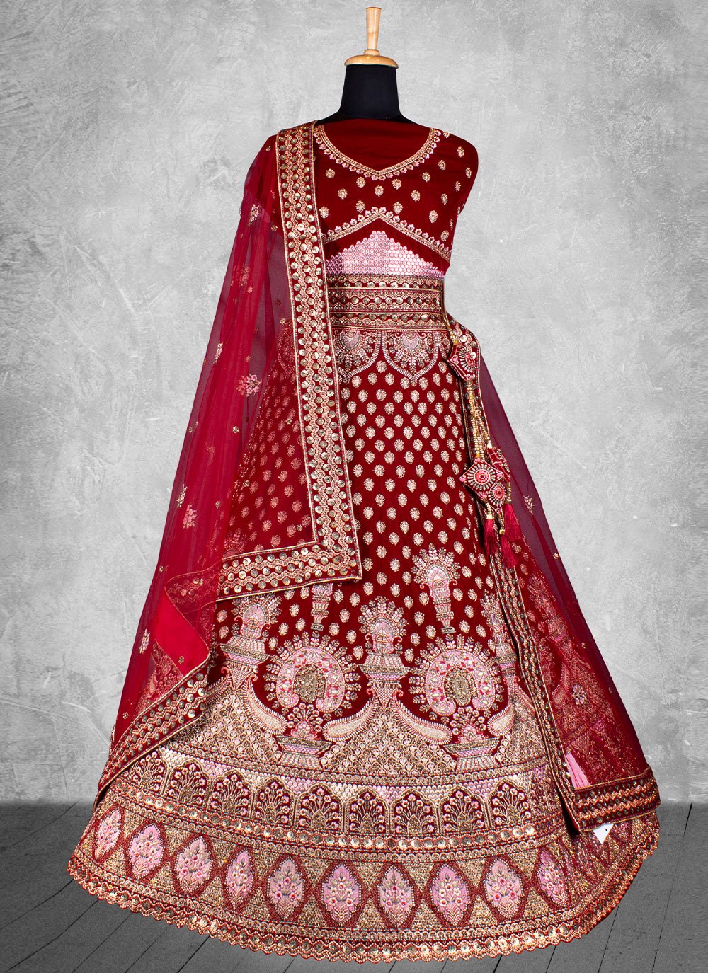 Lehenga Choli Velvet Maroon Embroidered Lehenga Choli