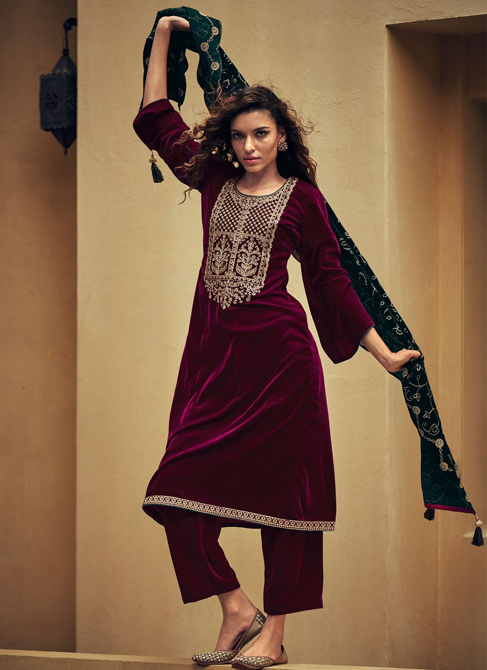 Trendy Suit Velvet Maroon Zari Salwar Kameez