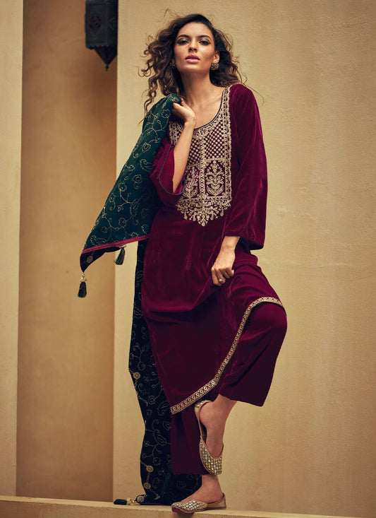 Trendy Suit Velvet Maroon Zari Salwar Kameez