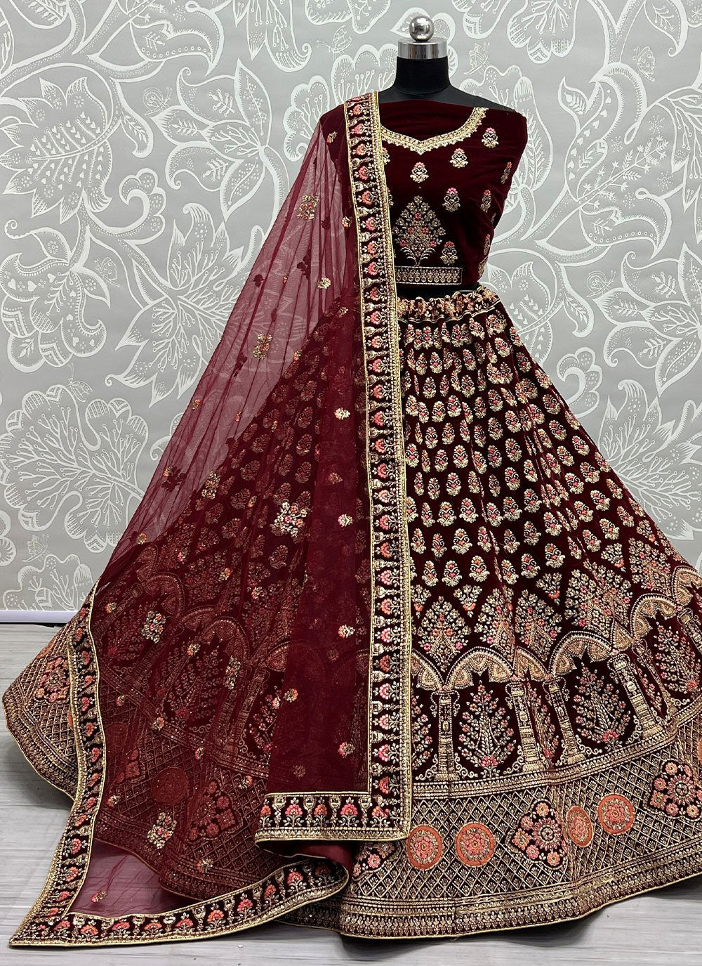 Lehenga Choli Velvet Wine Dori Work Lehenga Choli