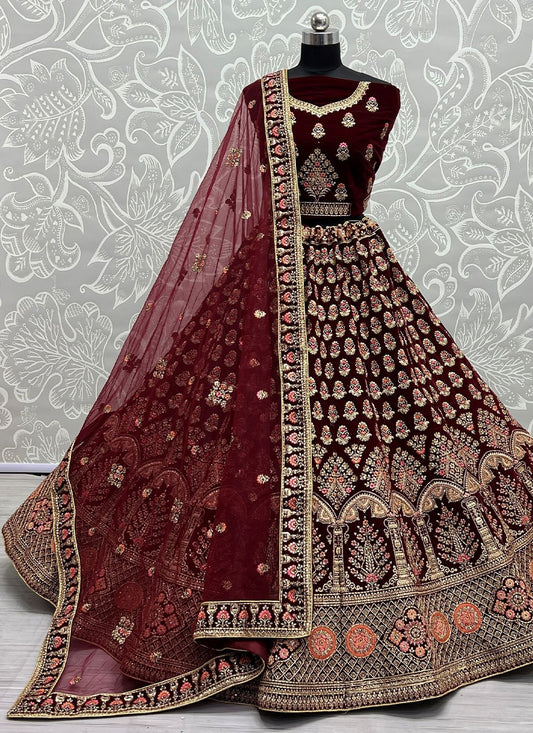 Lehenga Choli Velvet Wine Dori Work Lehenga Choli