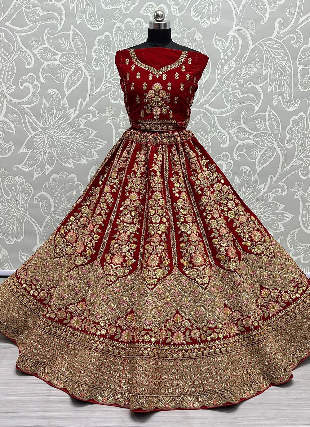 A Line Lehenga Velvet Red Diamond Lehenga Choli