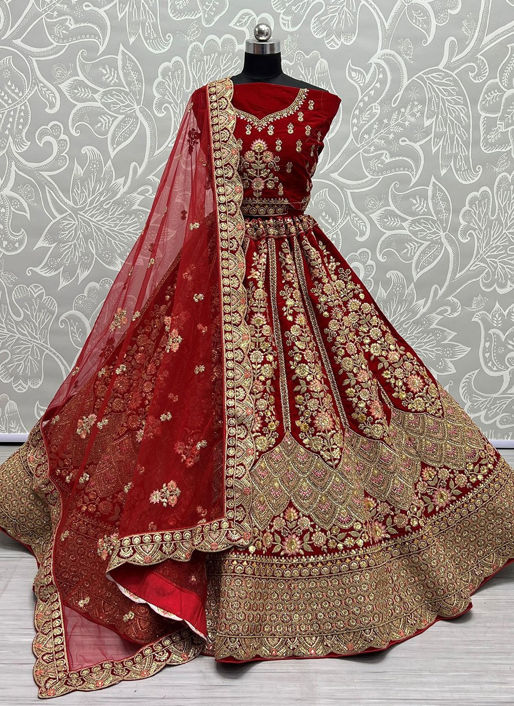 A Line Lehenga Velvet Red Diamond Lehenga Choli