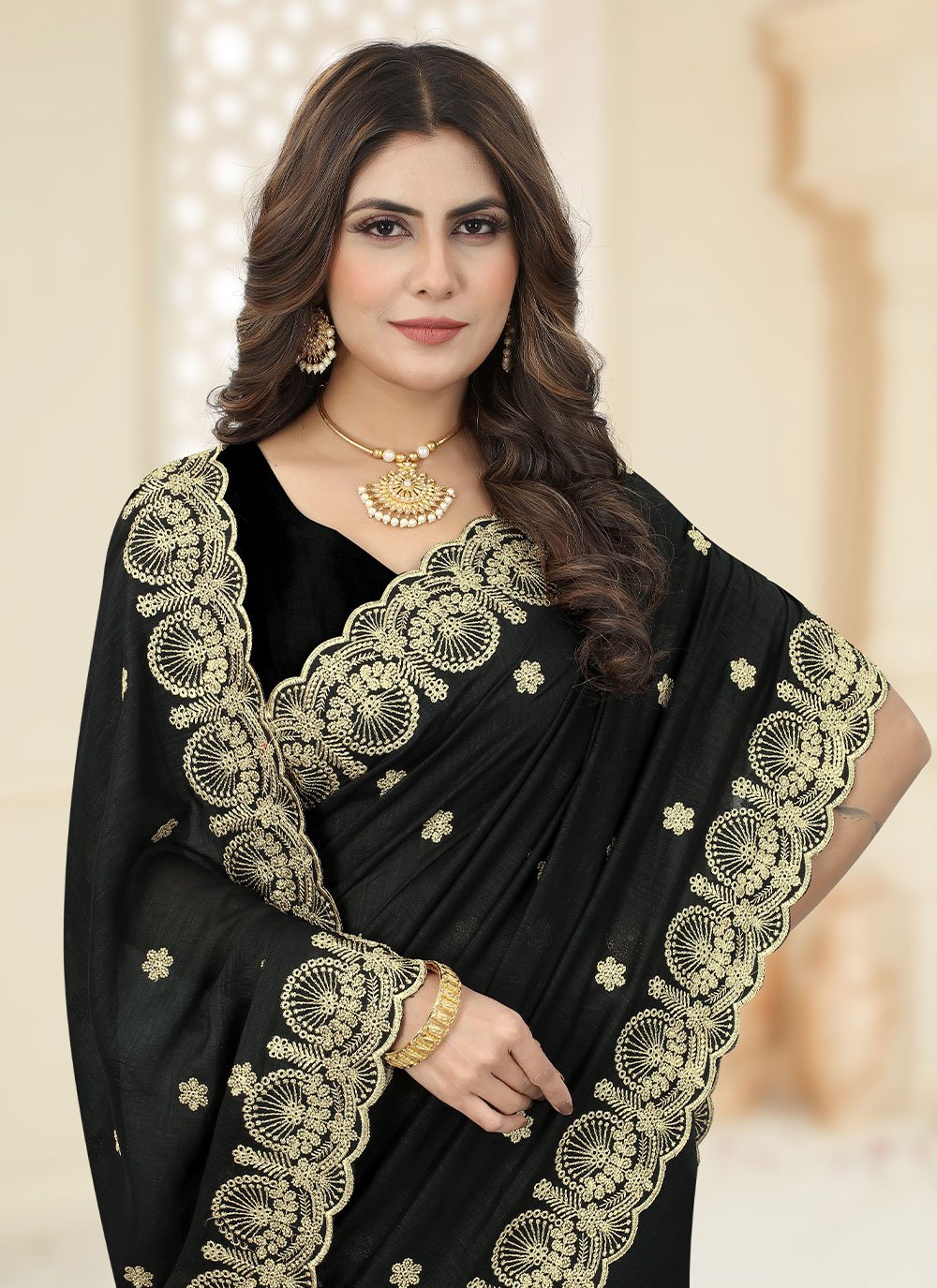 Trendy Saree Vichitra Silk Black Cut Work Saree