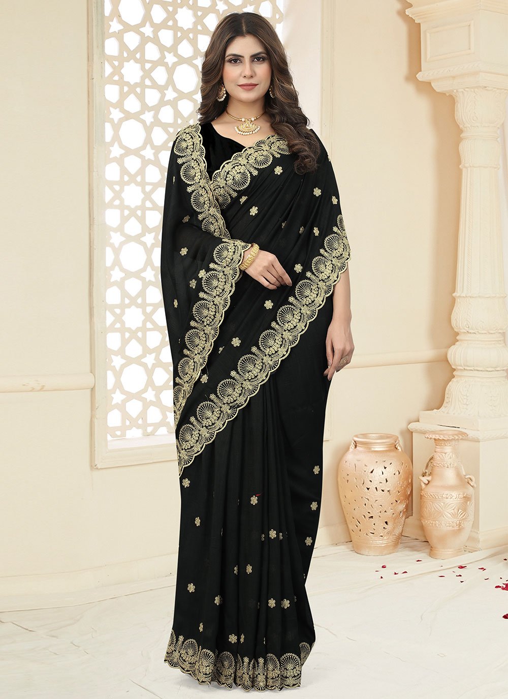 Trendy Saree Vichitra Silk Black Cut Work Saree