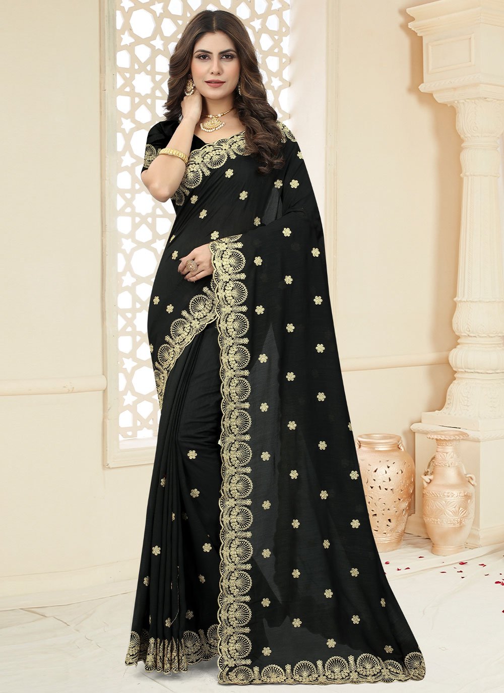 Trendy Saree Vichitra Silk Black Cut Work Saree