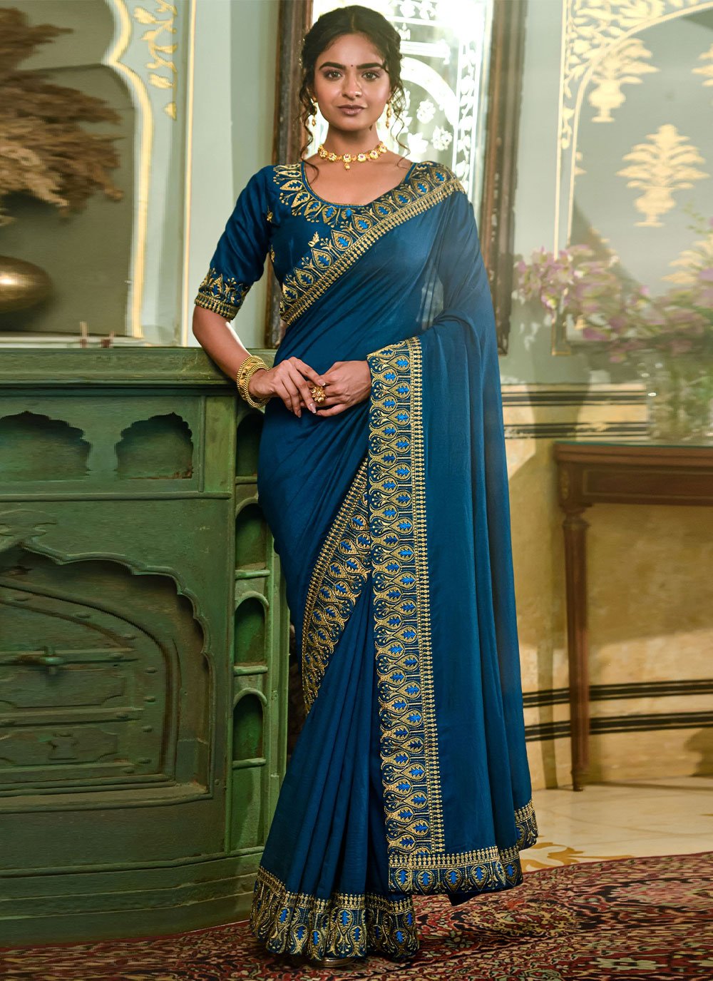 Contemporary Vichitra Silk Blue Embroidered Saree