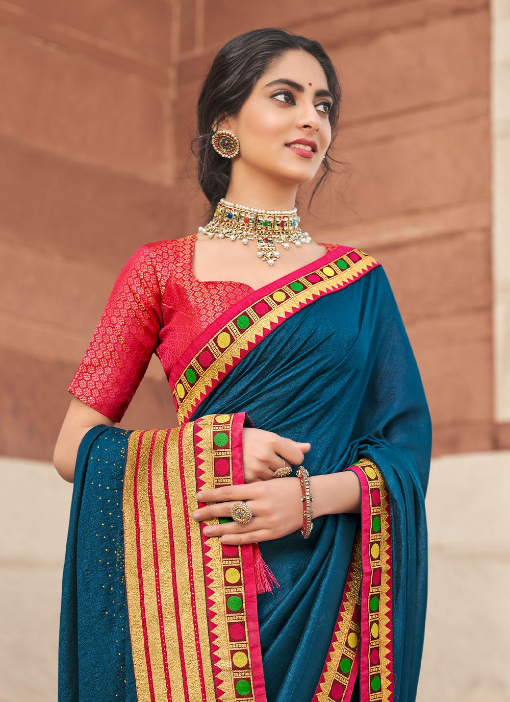 Classic Vichitra Silk Blue Embroidered Saree