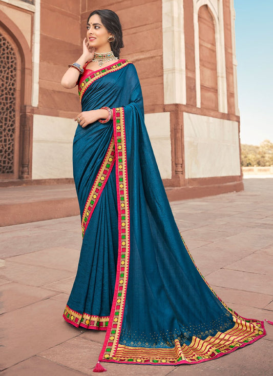 Classic Vichitra Silk Blue Embroidered Saree