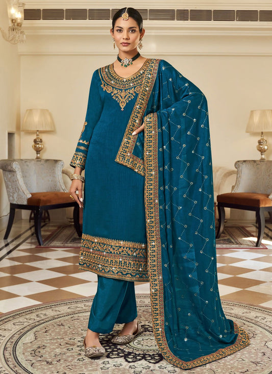 Salwar Suit Vichitra Silk Blue Embroidered Salwar Kameez