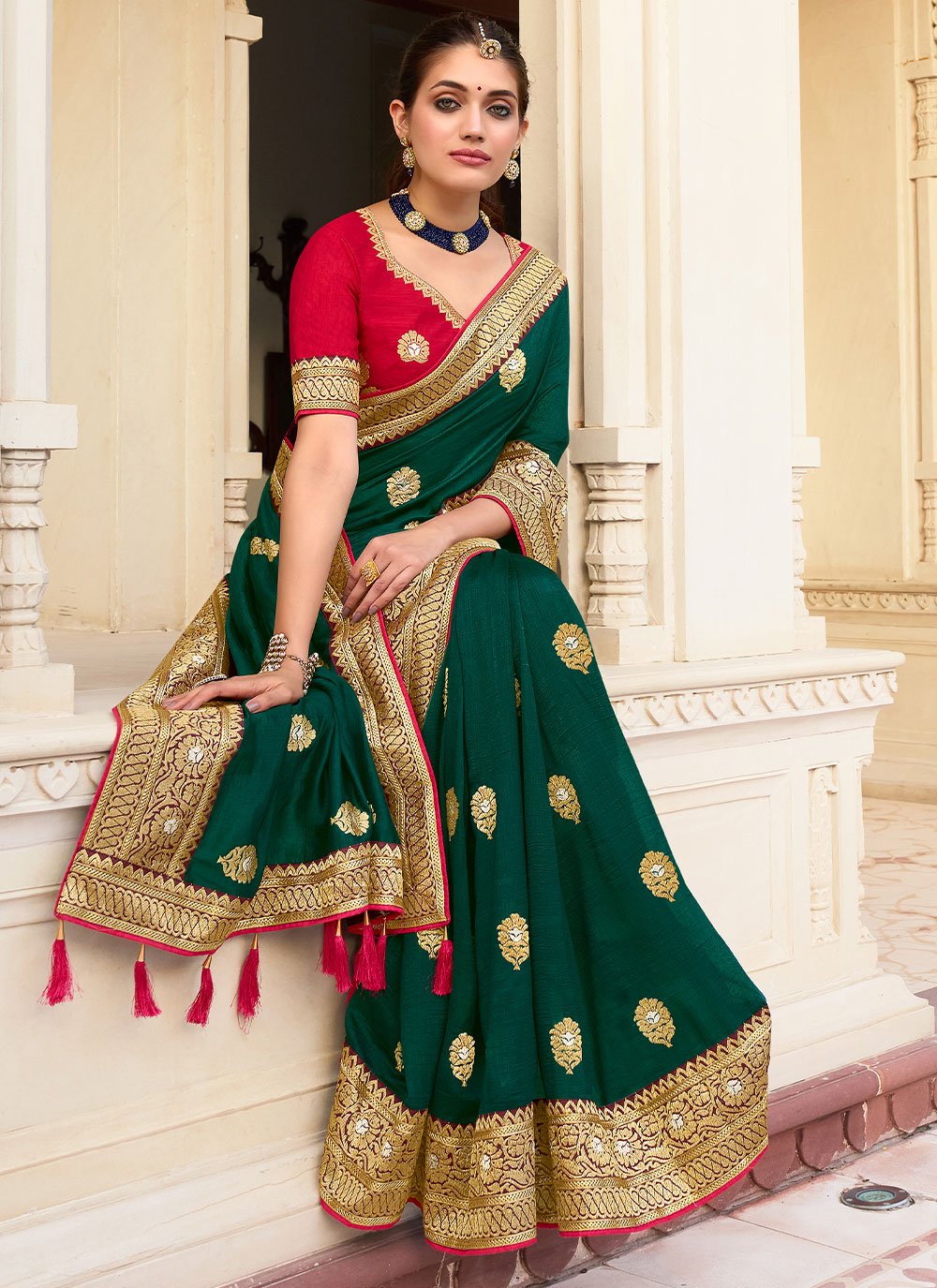 Classic Vichitra Silk Green Embroidered Saree