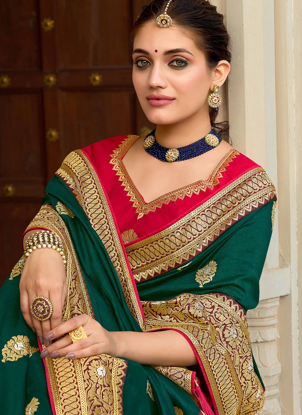 Classic Vichitra Silk Green Embroidered Saree