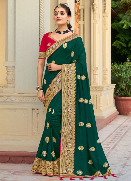 Classic Vichitra Silk Green Embroidered Saree