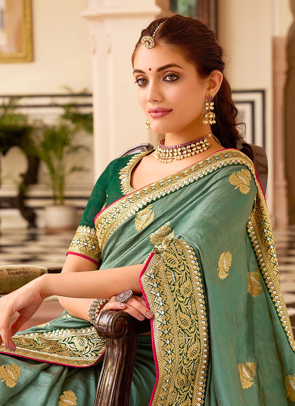 Trendy Saree Vichitra Silk Green Embroidered Saree