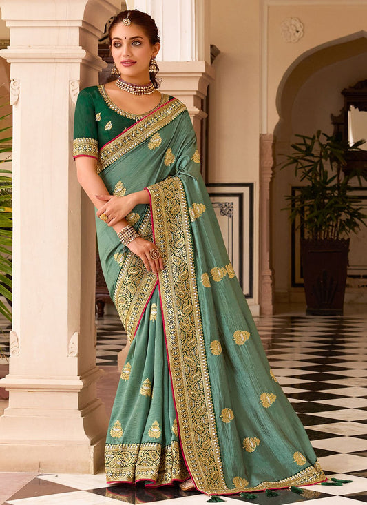 Trendy Saree Vichitra Silk Green Embroidered Saree