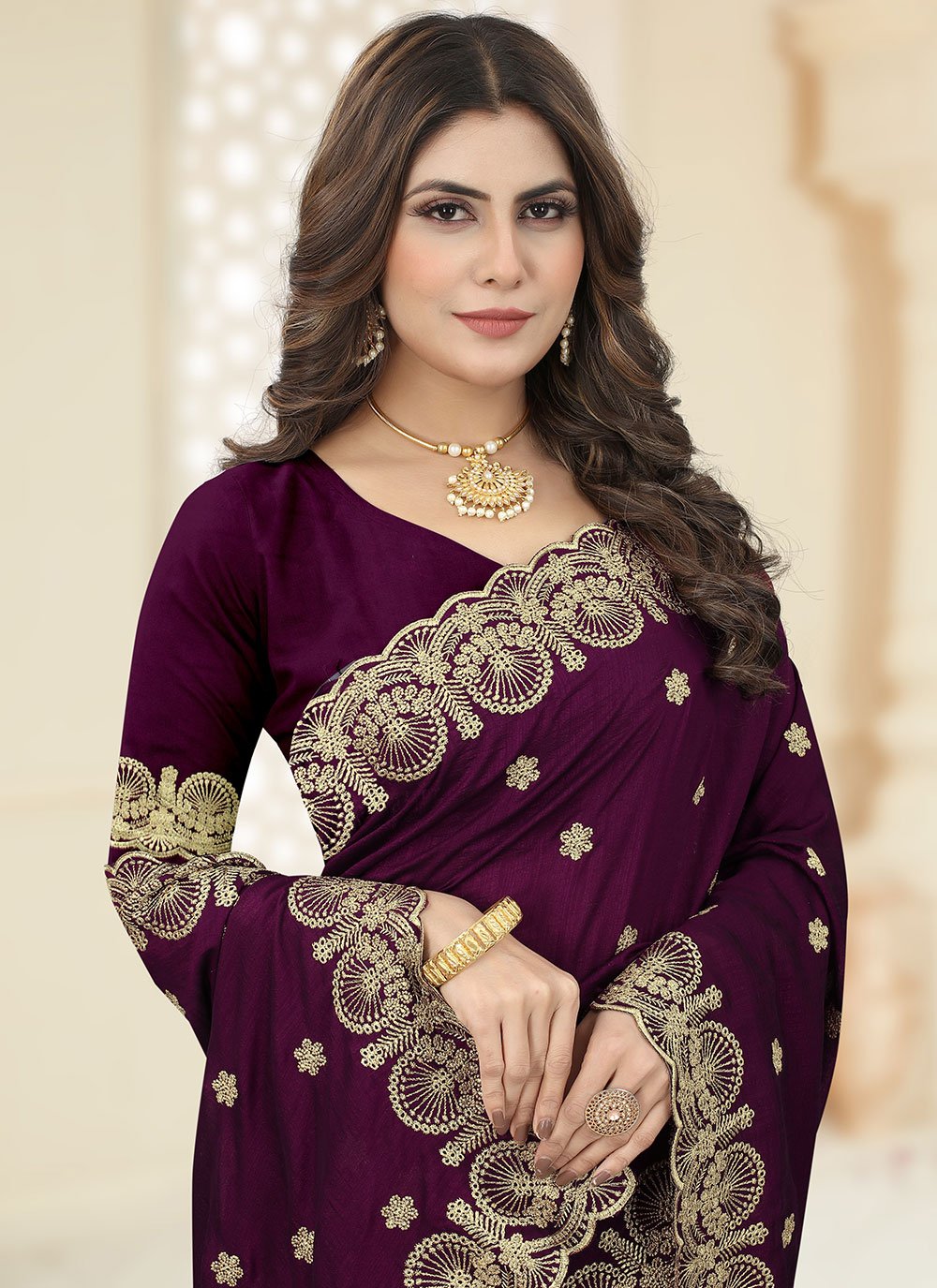 Classic Vichitra Silk Purple Cut Work Saree