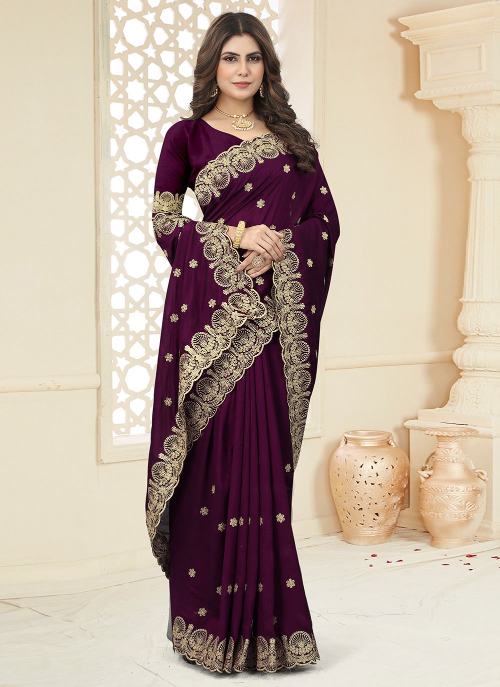 Classic Vichitra Silk Purple Cut Work Saree