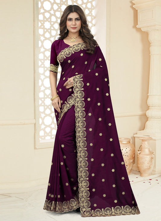 Classic Vichitra Silk Purple Cut Work Saree