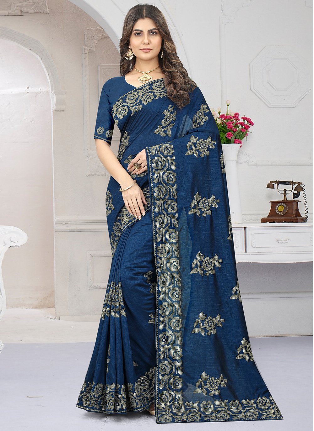 Classic Vichitra Silk Teal Zari Saree