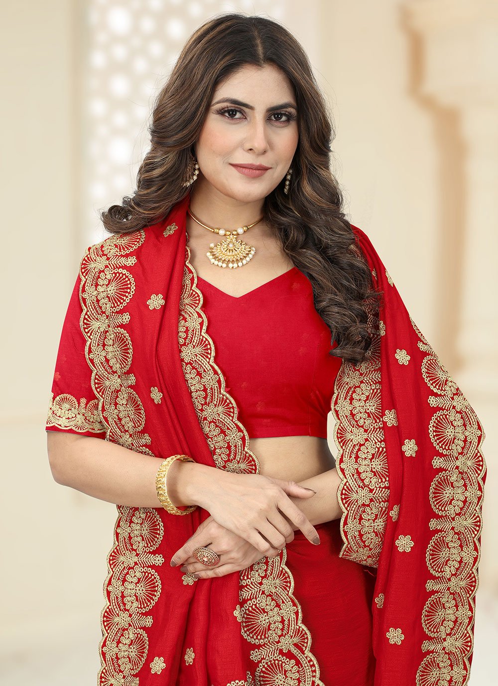 Classic Vichitra Silk Red Cut Work Saree