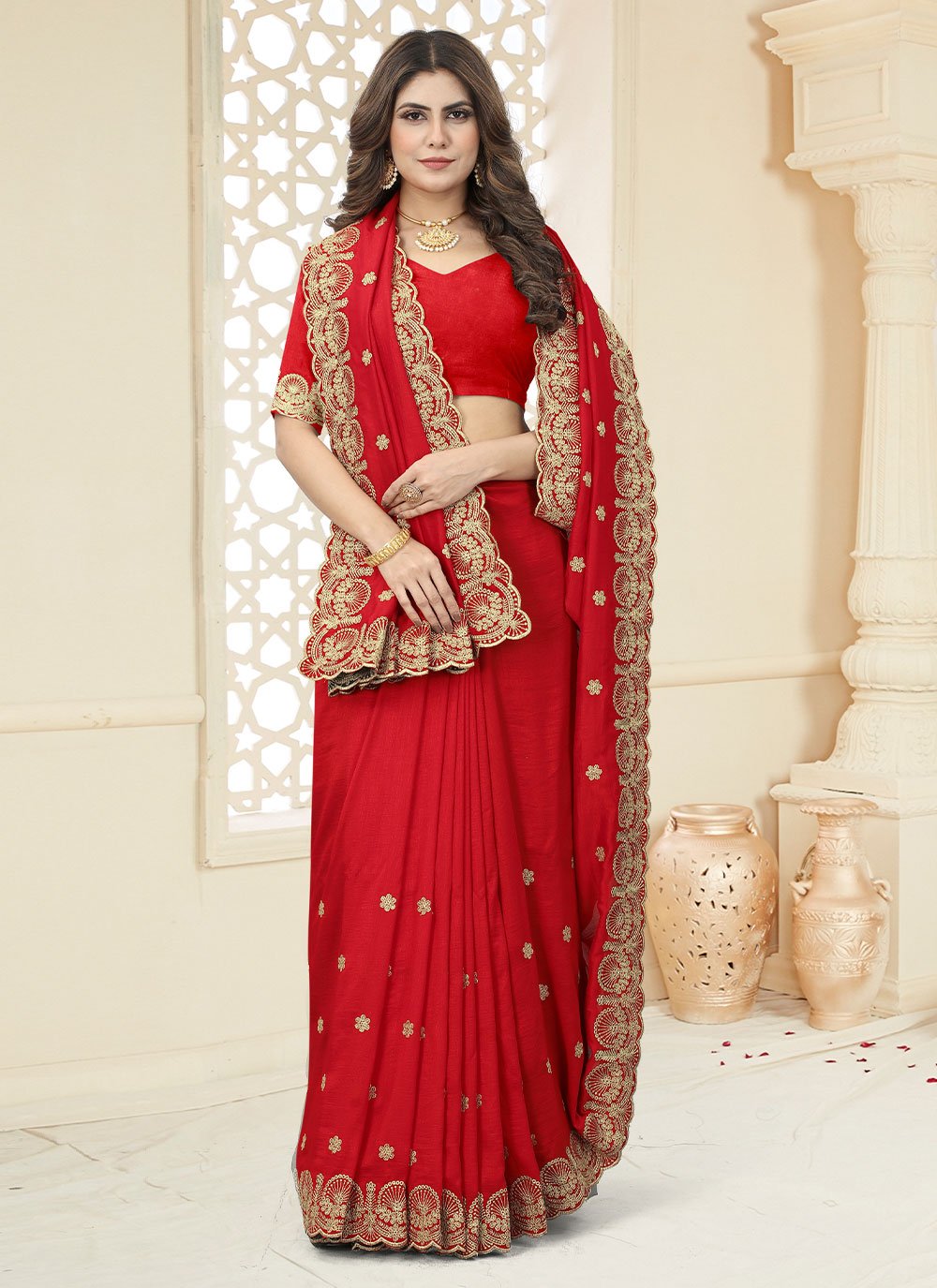 Classic Vichitra Silk Red Cut Work Saree