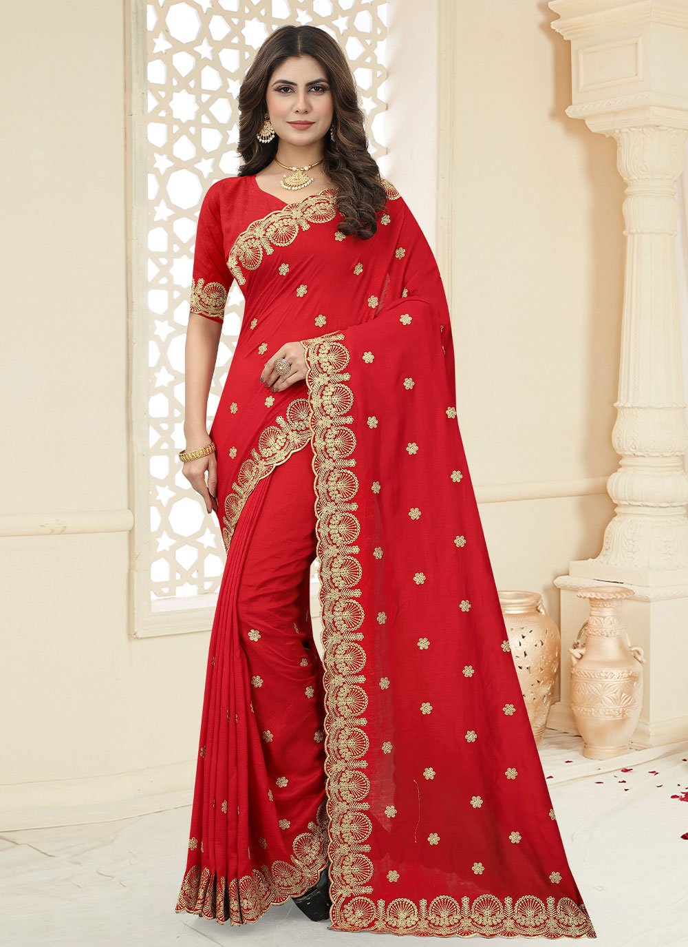 Classic Vichitra Silk Red Cut Work Saree