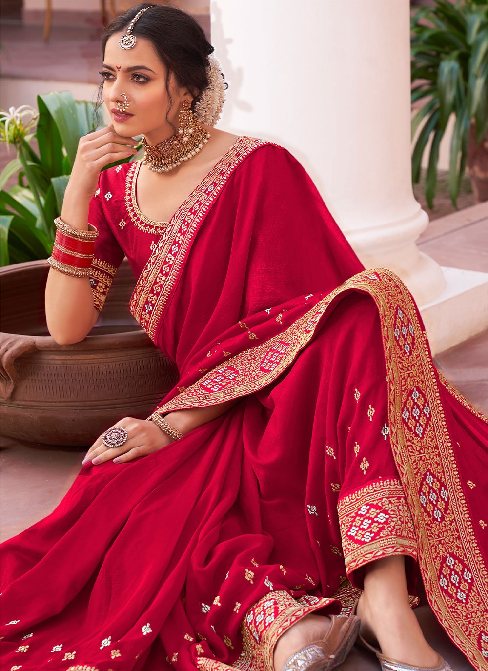 Designer Vichitra Silk Red Embroidered Saree