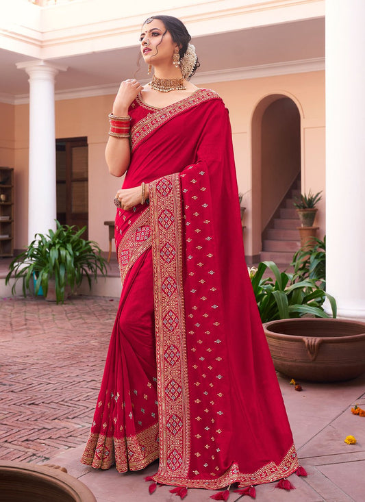 Designer Vichitra Silk Red Embroidered Saree