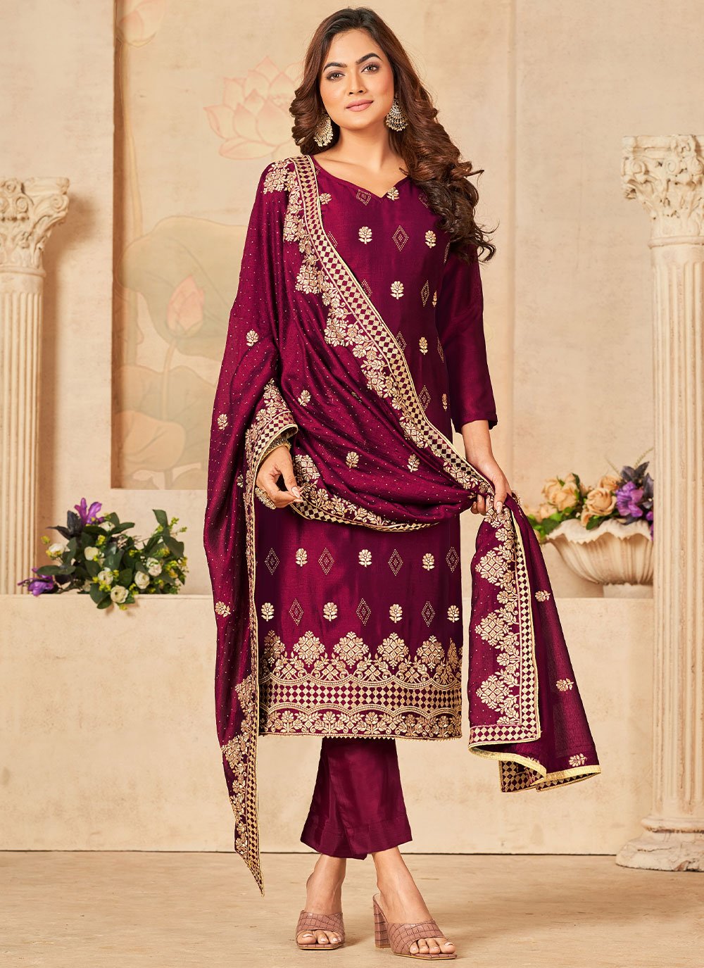 Salwar Suit Vichitra Silk Magenta Diamond Salwar Kameez