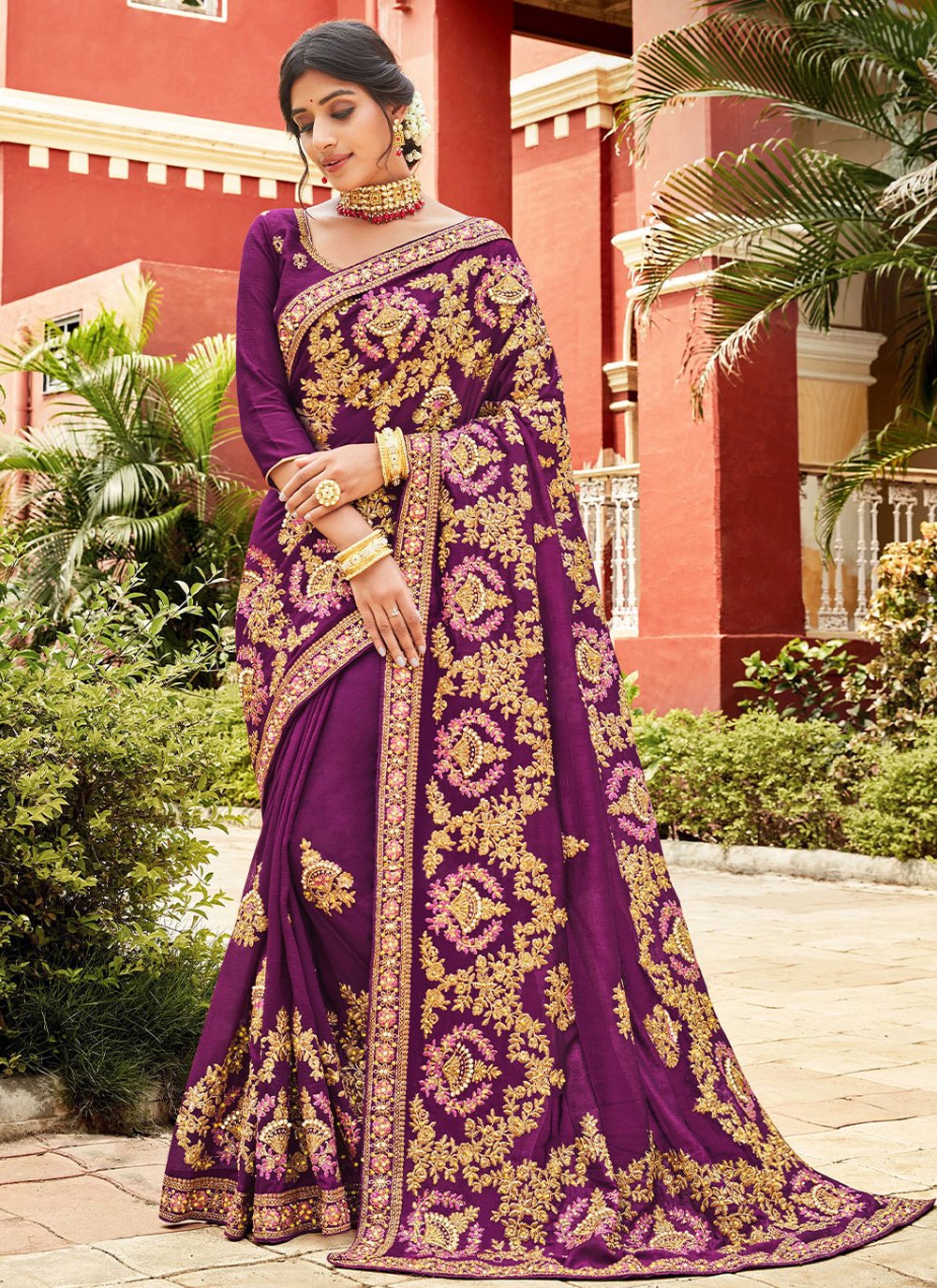 Traditional Saree Vichitra Silk Wine Diamond Saree