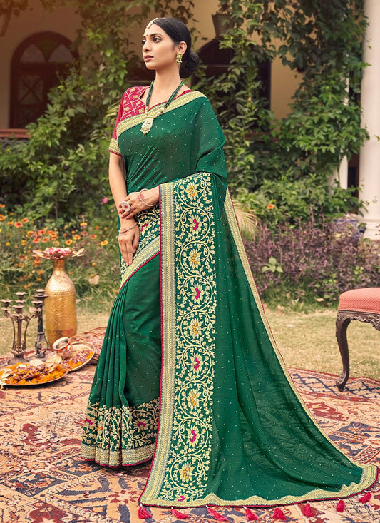 Classic Vichitra Silk Green Embroidered Saree