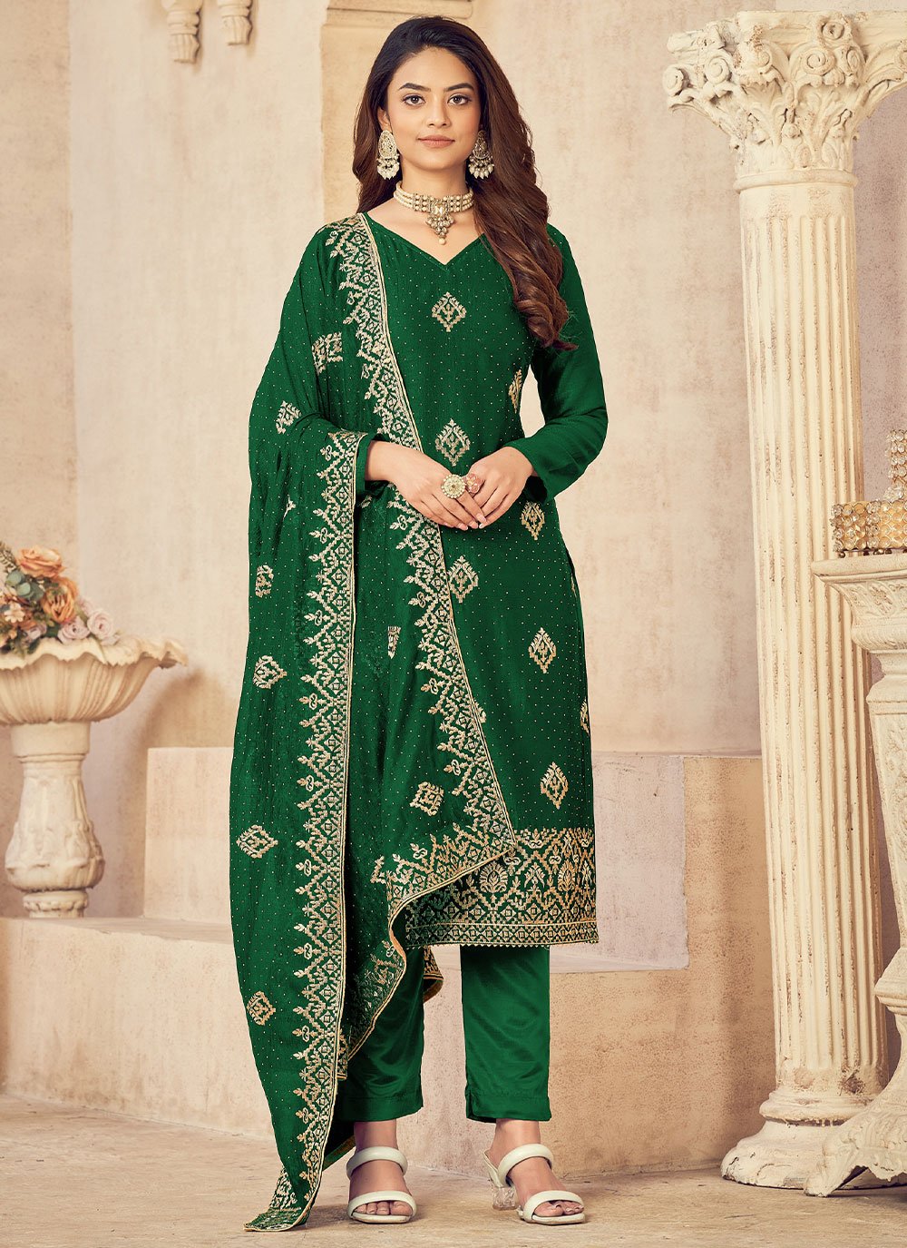 Salwar Suit Vichitra Silk Green Embroidered Salwar Kameez