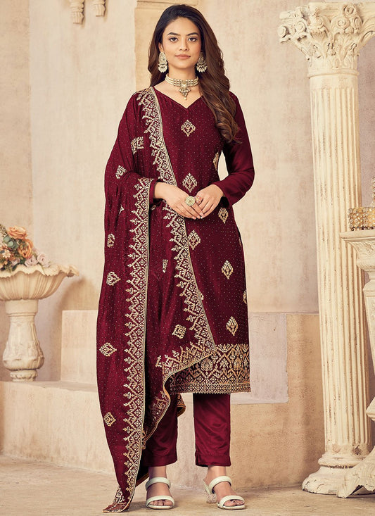 Straight Salwar Suit Vichitra Silk Maroon Embroidered Salwar Kameez
