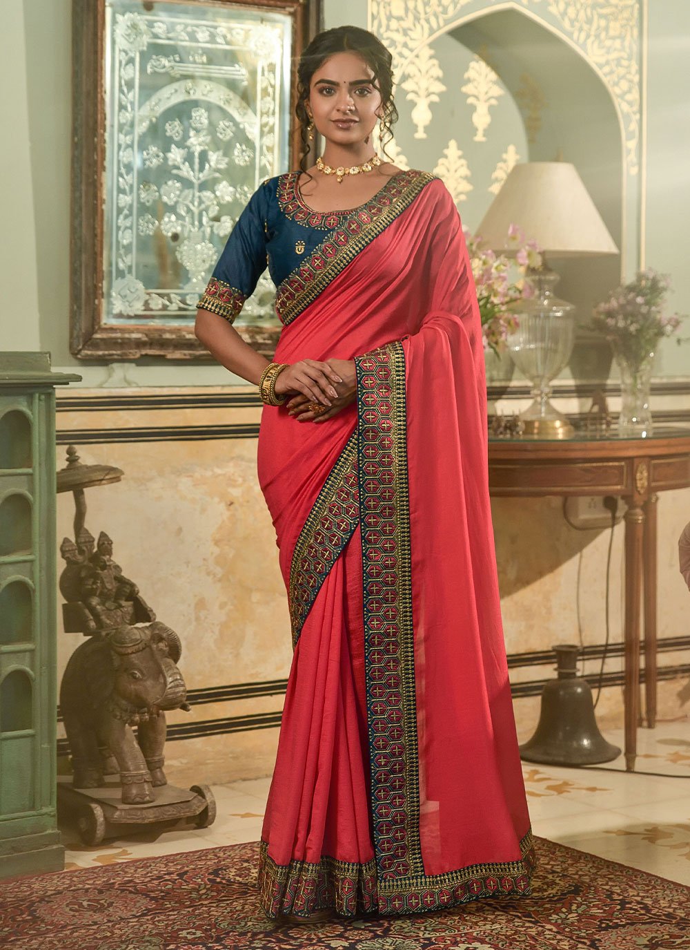 Contemporary Vichitra Silk Pink Embroidered Saree