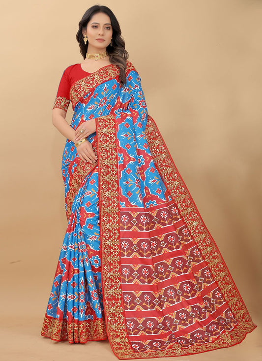 Trendy Saree Vichitra Silk Blue Digital Print Saree