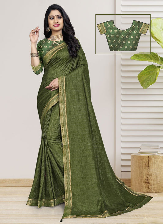 Classic Vichitra Silk Green Fancy Work Saree