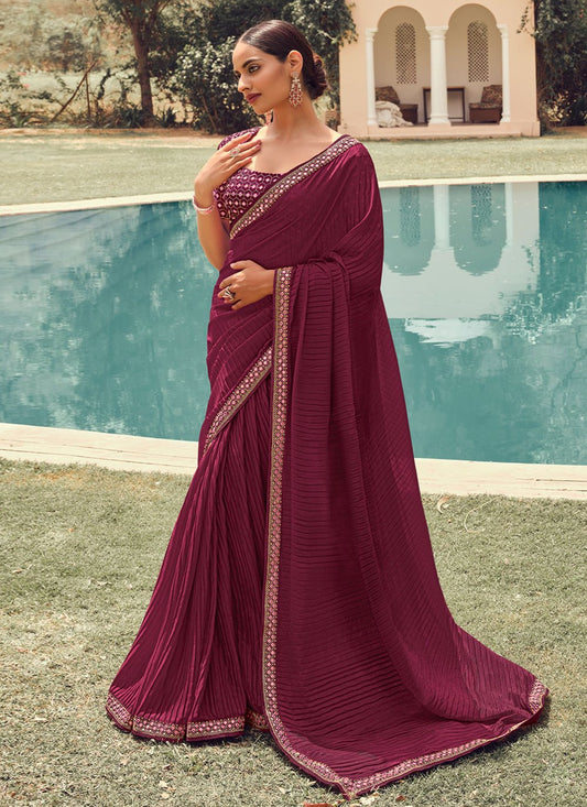 Classic Vichitra Silk Wine Embroidered Saree