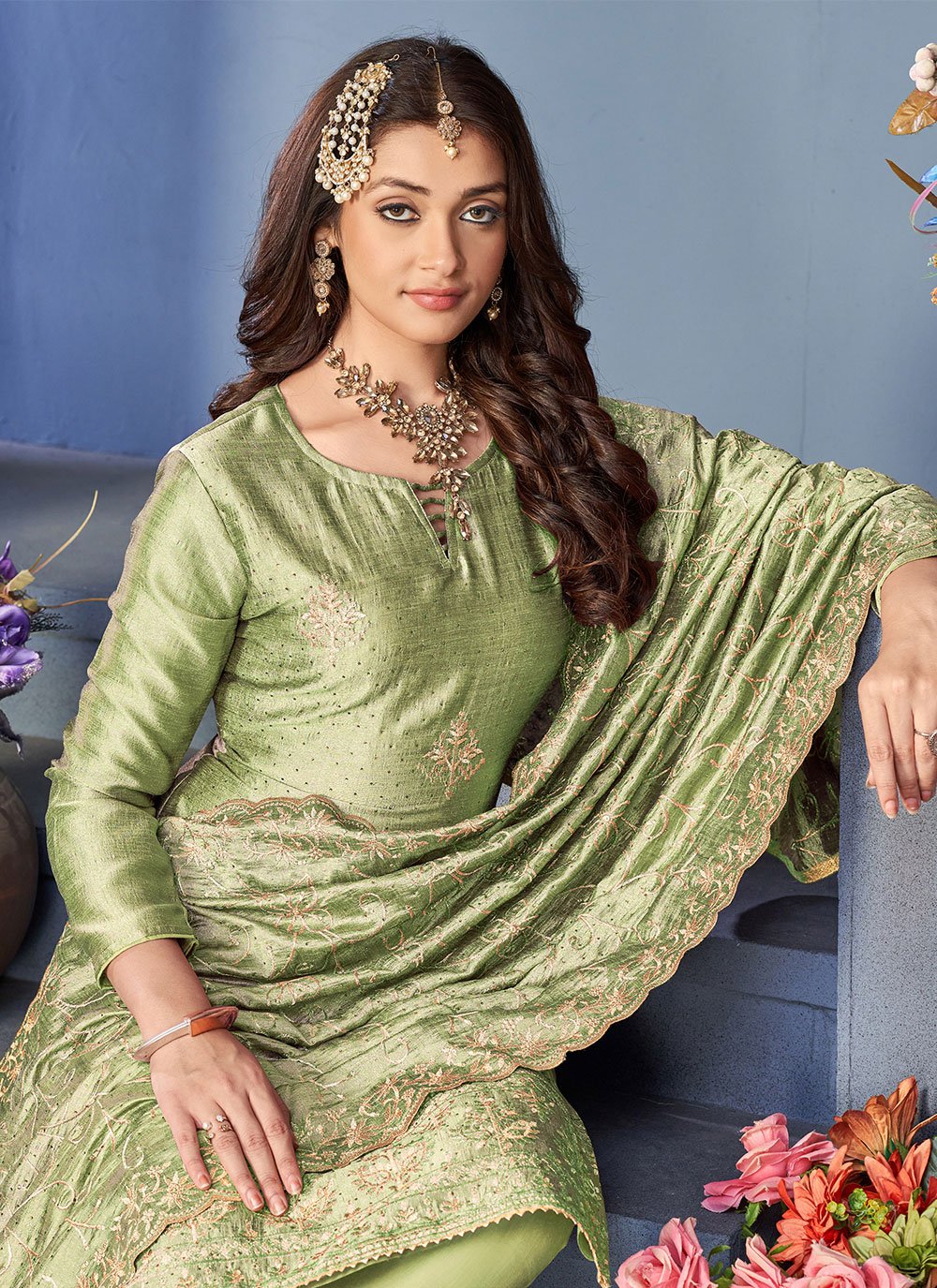 Straight Salwar Suit Vichitra Silk Green Embroidered Salwar Kameez
