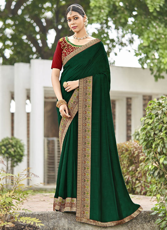 Trendy Saree Vichitra Silk Green Jacquard Work Saree