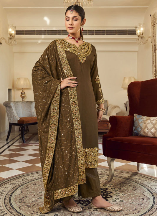 Pakistani Salwar Suit Vichitra Silk Green Embroidered Salwar Kameez