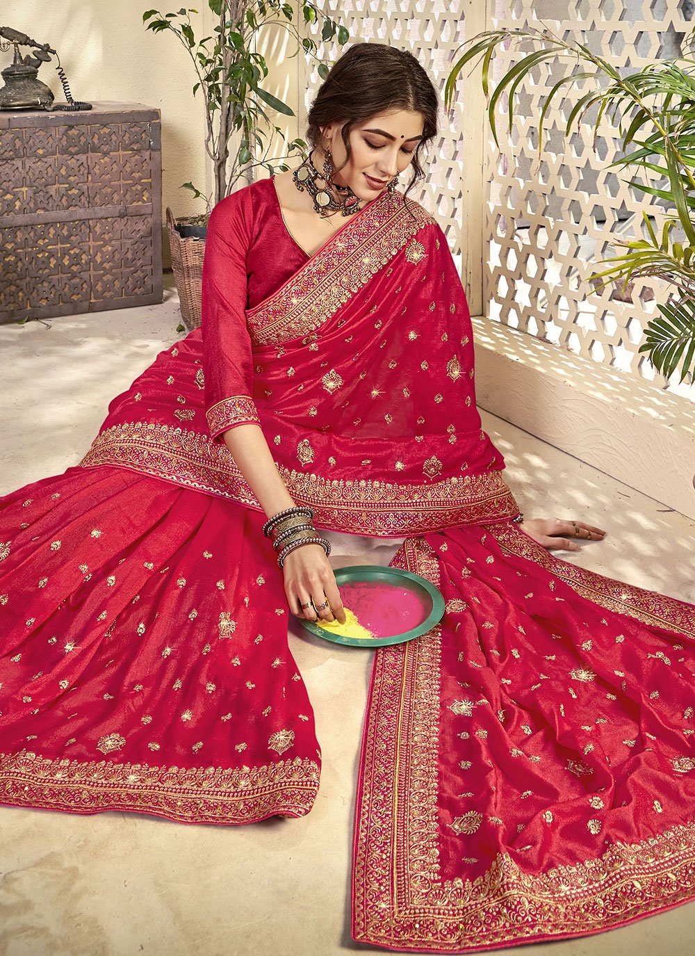 Classic Vichitra Silk Hot Pink Diamond Saree