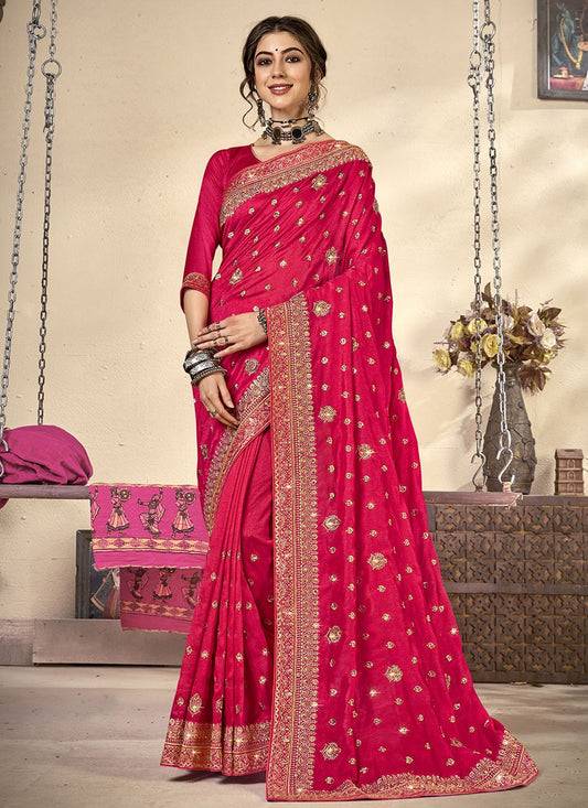 Classic Vichitra Silk Hot Pink Diamond Saree