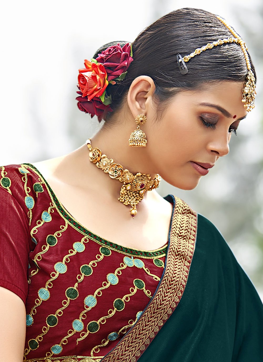 Trendy Saree Vichitra Silk Teal Jacquard Work Saree